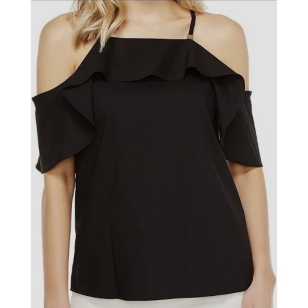 CALVIN KLIEN Halter Off The Shoulder Ruffle Sleeve Black Blouse Top Size Small